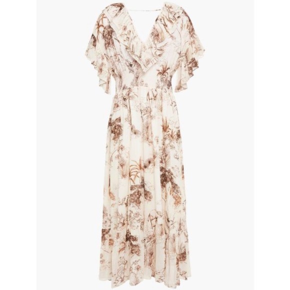 NWT | Sandro Natural Marro Ruffled Printed Gauze Midi | Sz 6 or 38 - Picture 3 of 4